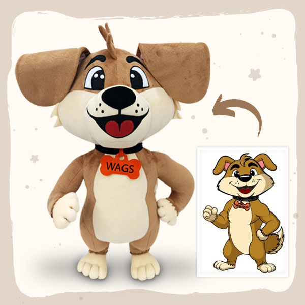 Dog mascot plush “WAGS” — custom mascot stuffed animal from cartoon artwork. 