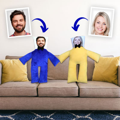 Huggale pillow with face printed on a human-shaped pillow